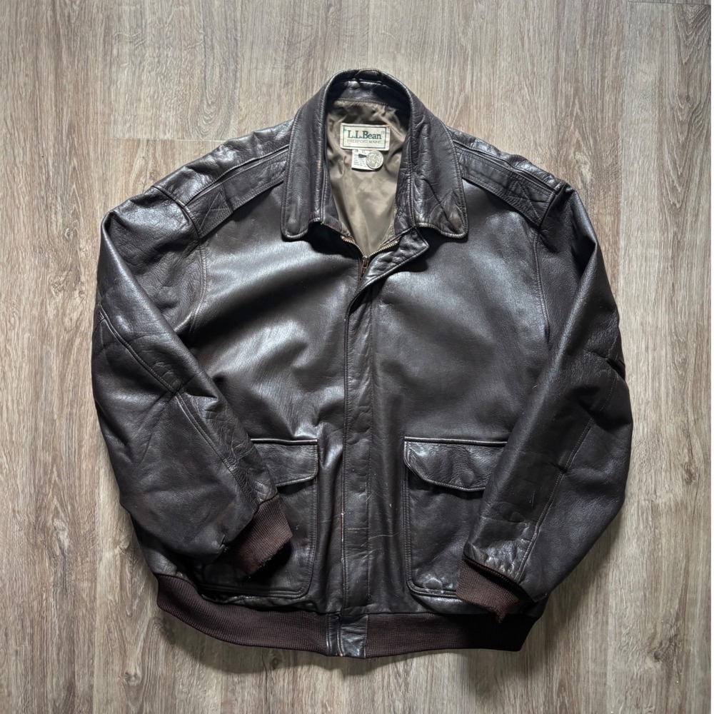 LL Bean Vintage 80's Mens XL Leather Flight Bomber Jacket Brown A-2 Made in USA